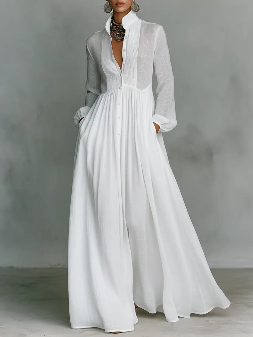 White minimalist patchwork maxi dress with mao collar
