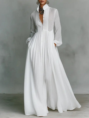 White minimalist patchwork maxi dress with mao collar