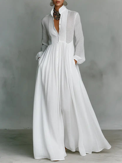 White minimalist patchwork maxi dress with mao collar