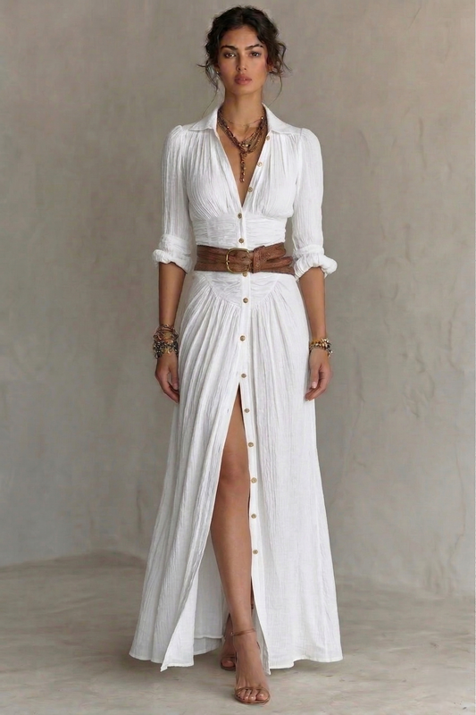 White pleated V-neck maxi dress with belt