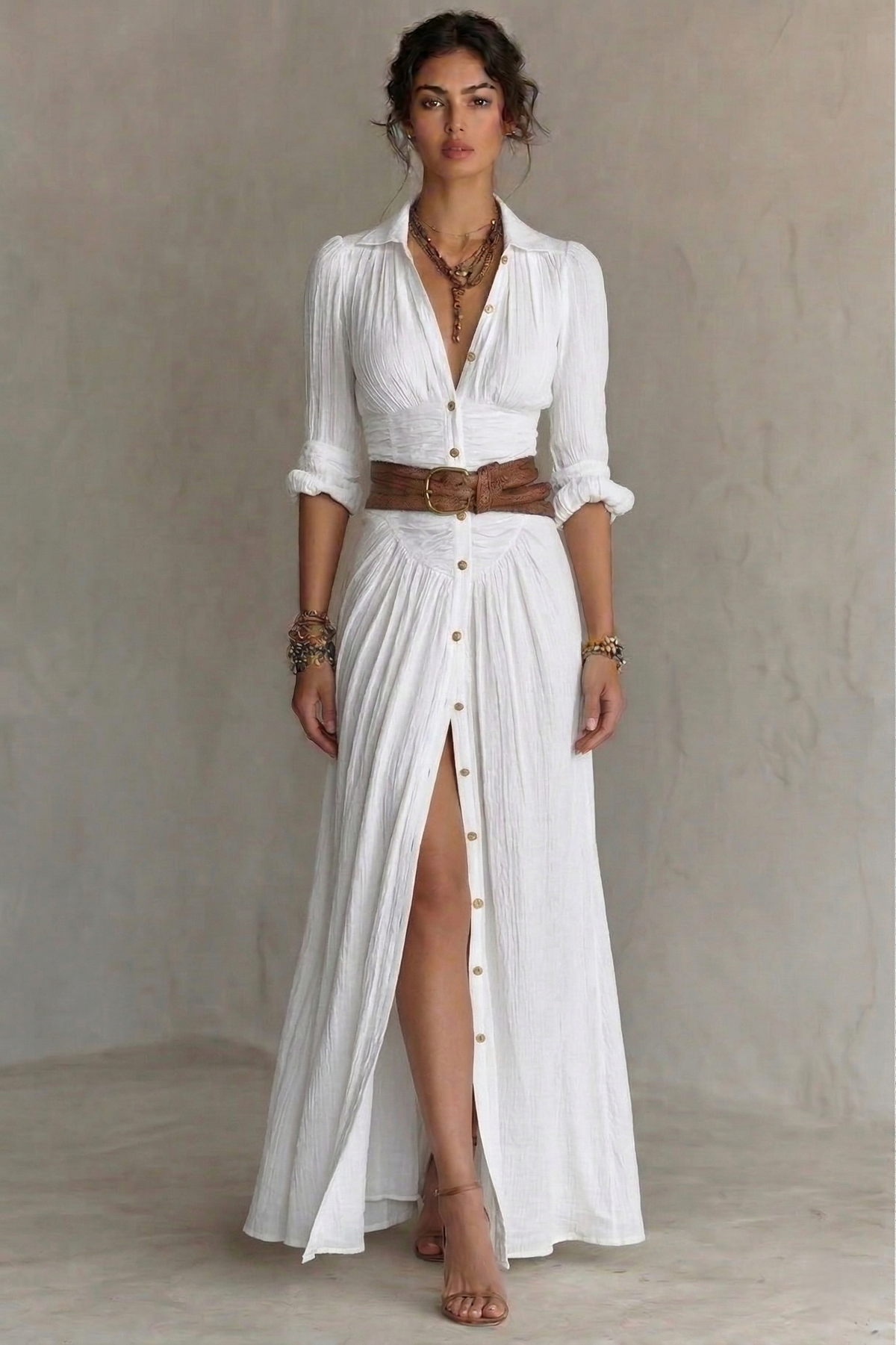 White pleated V-neck maxi dress with belt