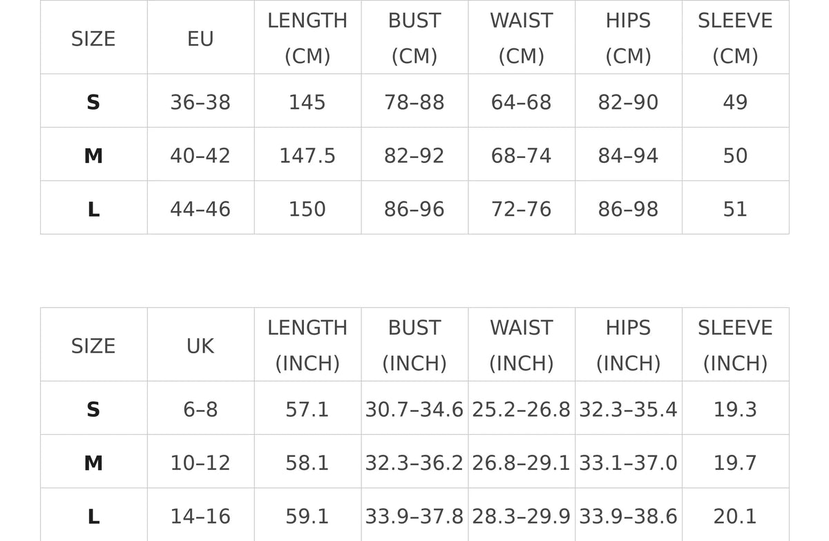 Size chart for the yellow maxi dress with open back and high slit