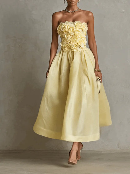 Women's yellow strapless midi dress with 3D flower bodice, front view