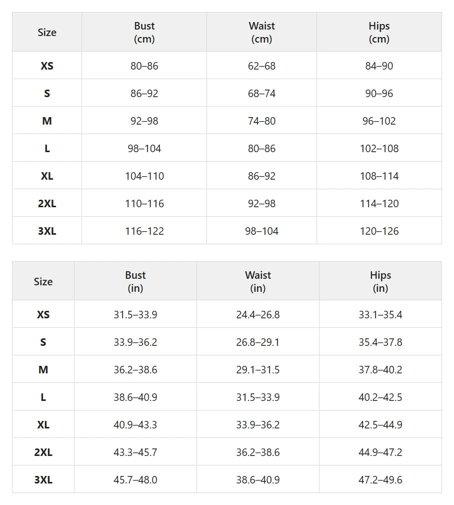 Size chart for zip-front waist shaper vest with adjustable straps